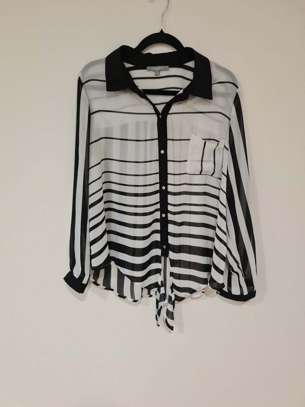 NY Collection Black and White Striped Sheer Button Front Top Size 1X